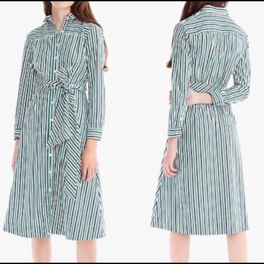 J. Crew Green and White Striped Shirt Dress